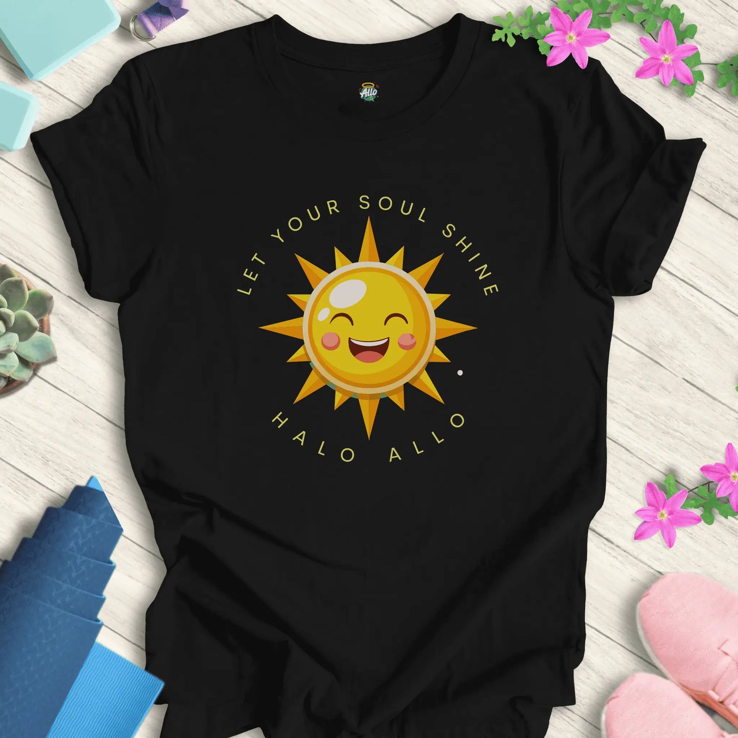 Black yoga t-shirt with 'Let Your Soul Shine' design, featuring a smiling sun and motivational message by Halo Allo.