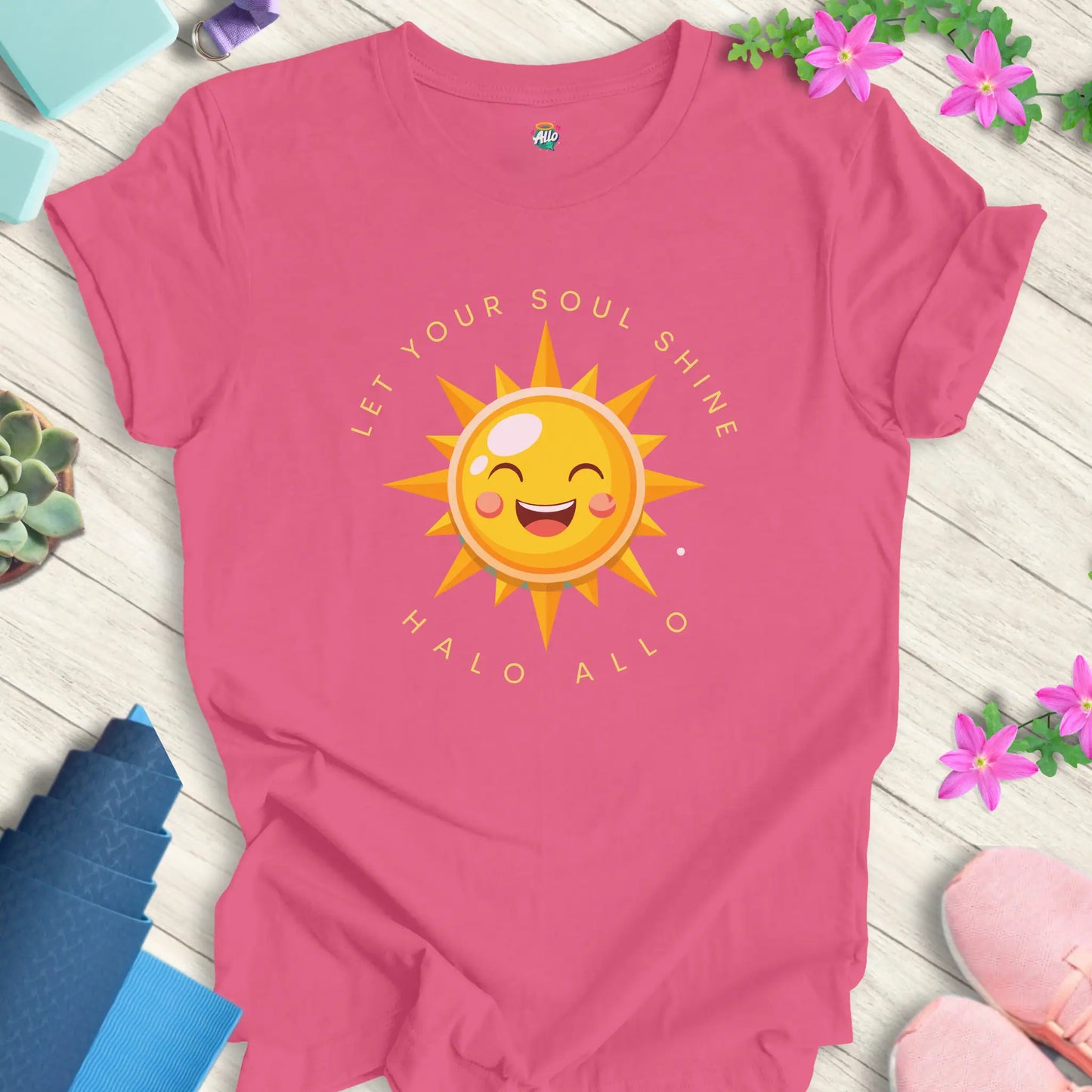 Charity Pink yoga t-shirt with 'Let Your Soul Shine' design, featuring a smiling sun and motivational message by Halo Allo.