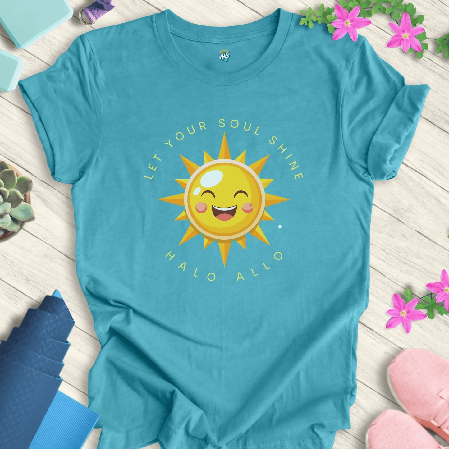 Heather Aqua yoga t-shirt with 'Let Your Soul Shine' design, featuring a smiling sun and motivational message by Halo Allo.