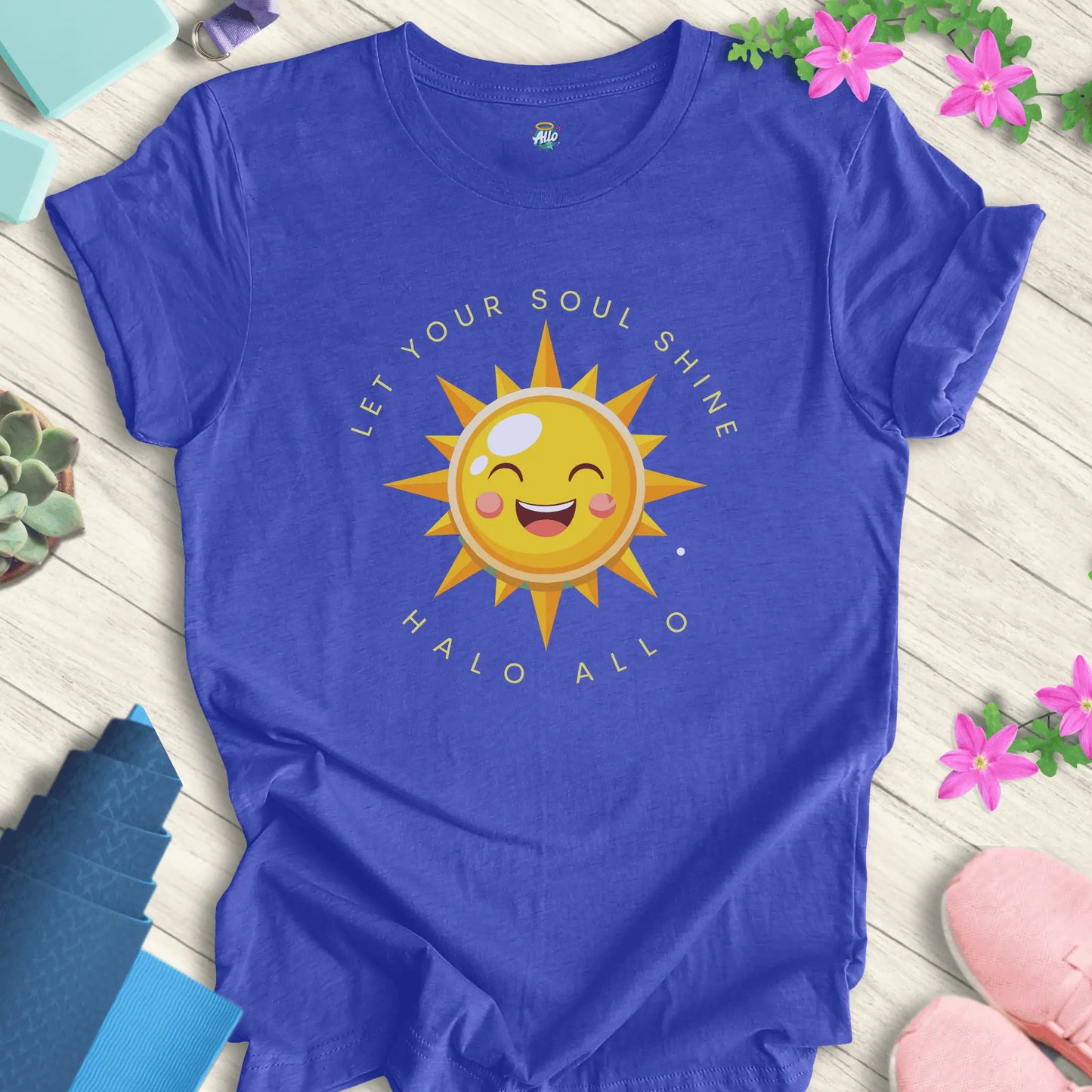 Heather True Royal yoga t-shirt with 'Let Your Soul Shine' design, featuring a smiling sun and motivational message by Halo Allo.