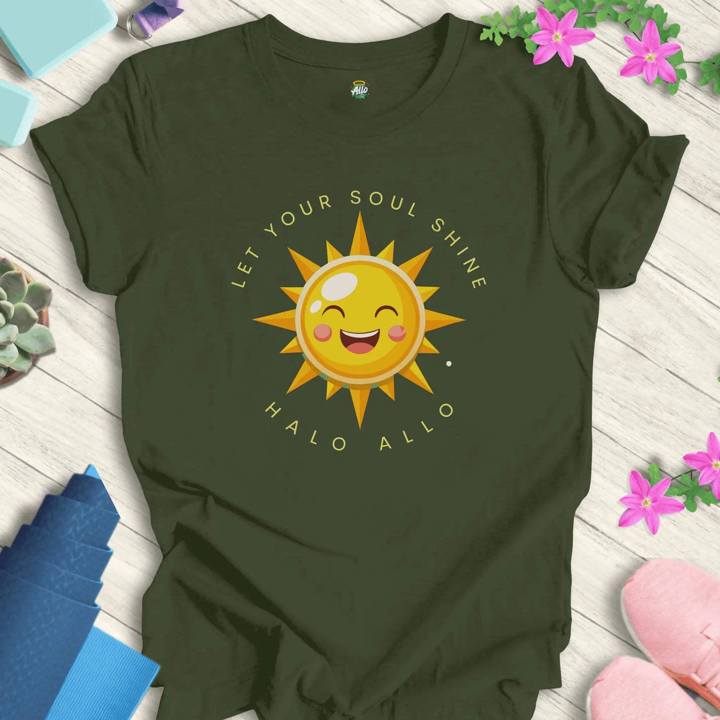 Military Green yoga t-shirt with 'Let Your Soul Shine' design, featuring a smiling sun and motivational message by Halo Allo.