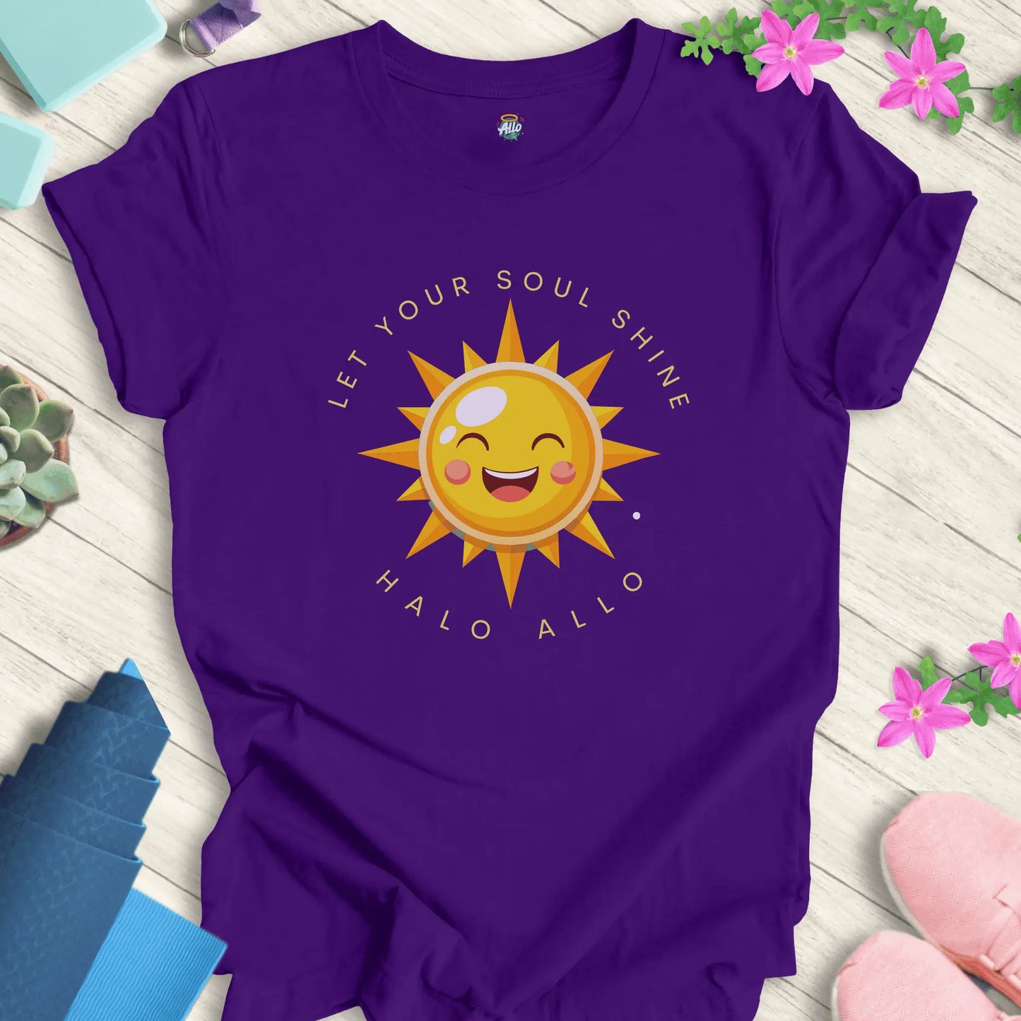 Team Purple yoga t-shirt with 'Let Your Soul Shine' design, featuring a smiling sun and motivational message by Halo Allo.