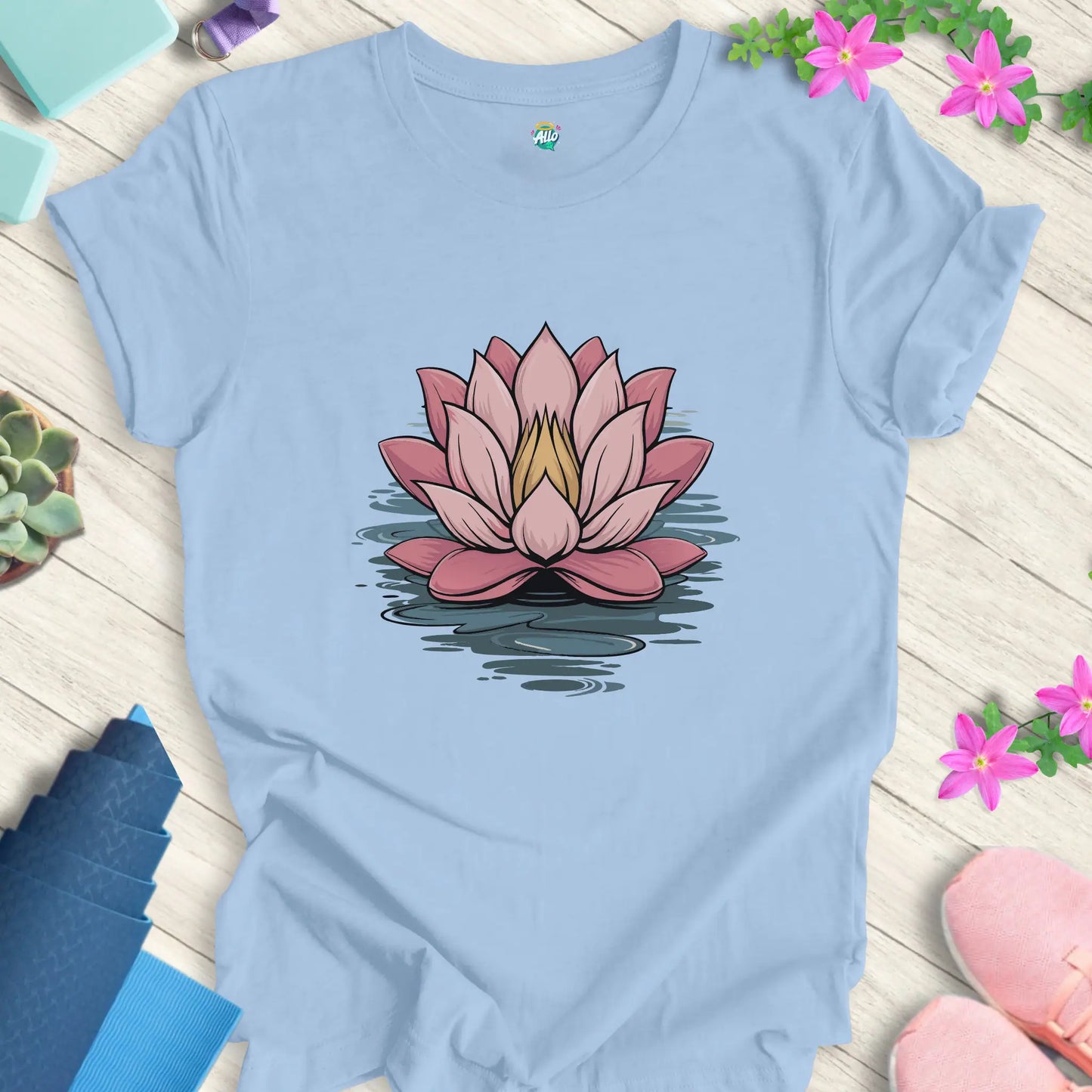 Baby Blue yoga t-shirt featuring a minimalist lotus flower design, perfect for meditation, by Halo Allo.
