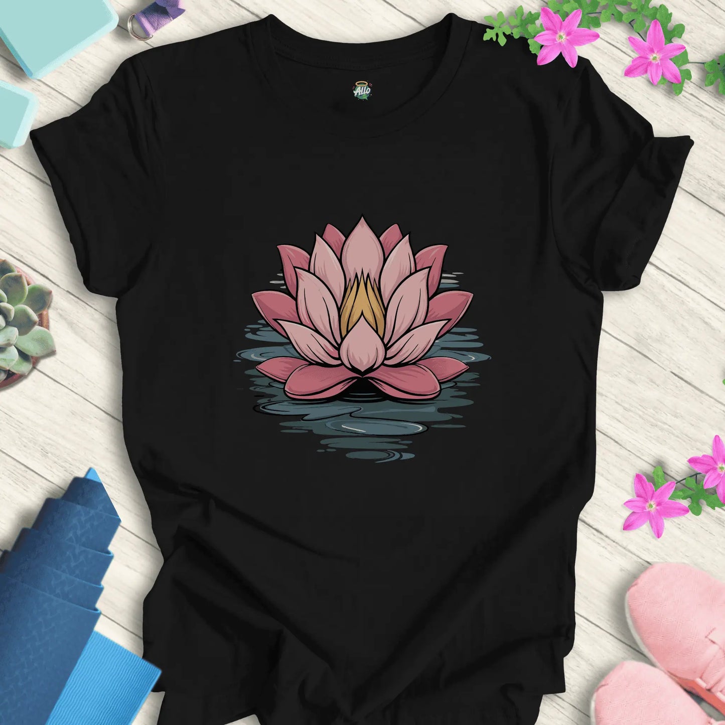 Black yoga t-shirt featuring a minimalist lotus flower design, perfect for meditation, by Halo Allo.
