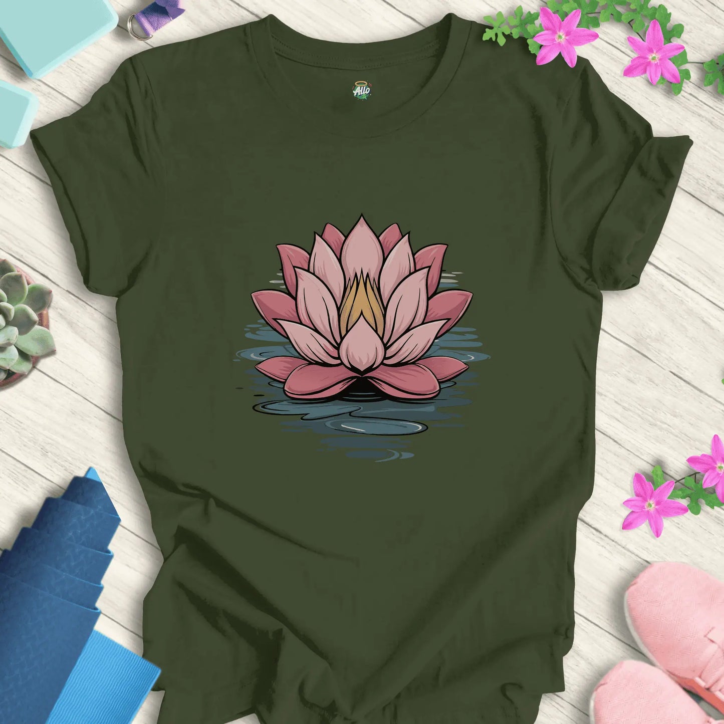 Military Green yoga t-shirt featuring a minimalist lotus flower design, perfect for meditation, by Halo Allo.