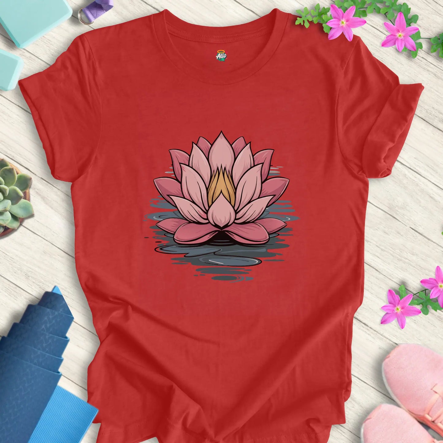 Heather Red yoga t-shirt featuring a minimalist lotus flower design, perfect for meditation, by Halo Allo.