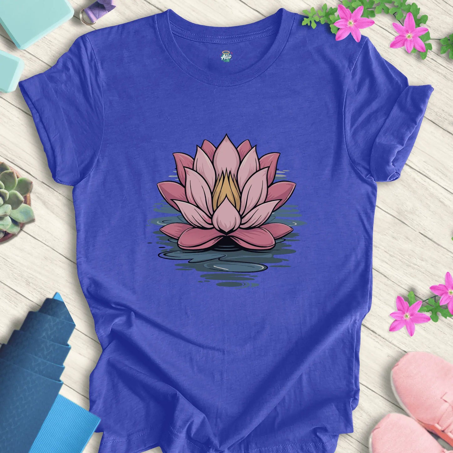 Heather True Royal yoga t-shirt featuring a minimalist lotus flower design, perfect for meditation, by Halo Allo.