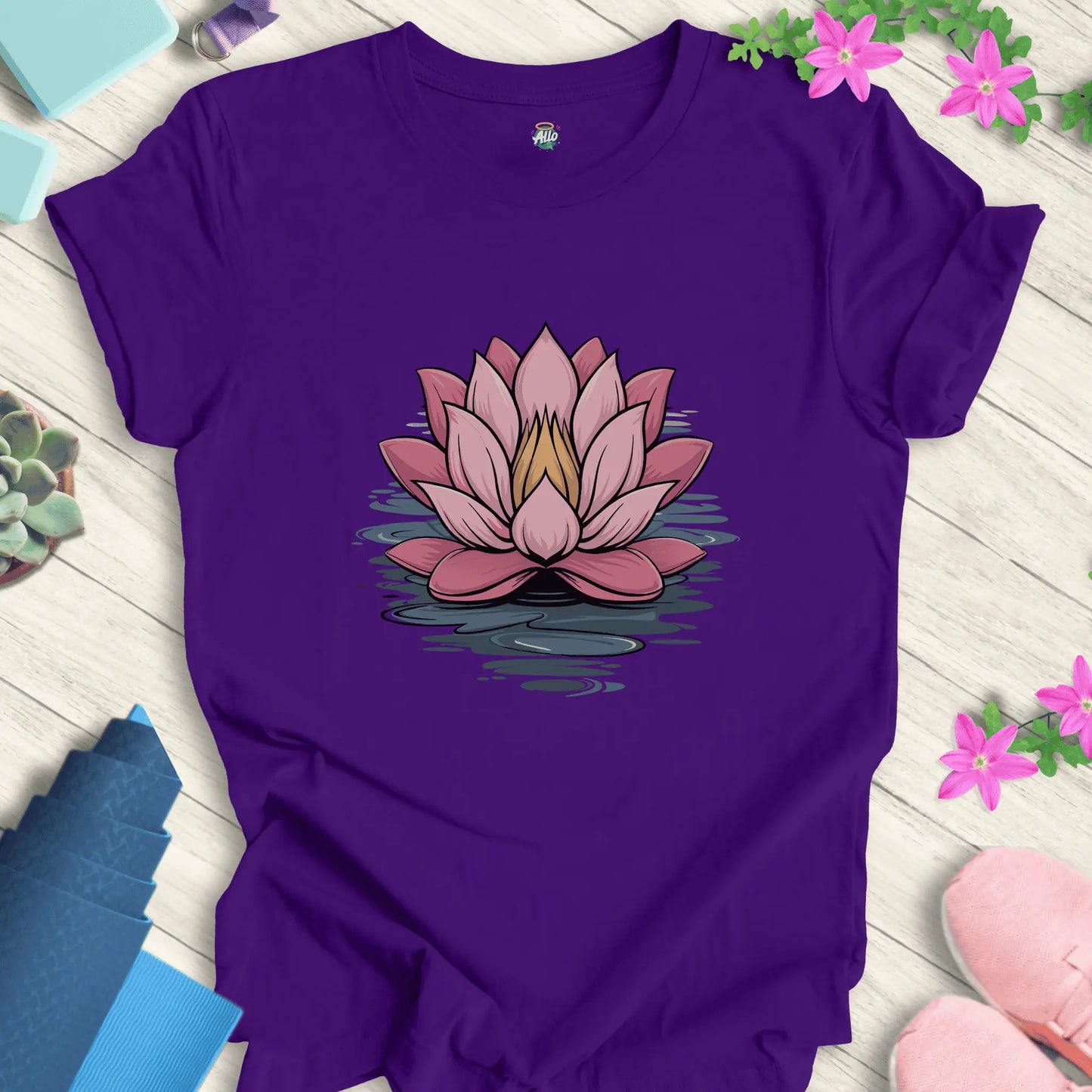 Team Purple yoga t-shirt featuring a minimalist lotus flower design, perfect for meditation, by Halo Allo.