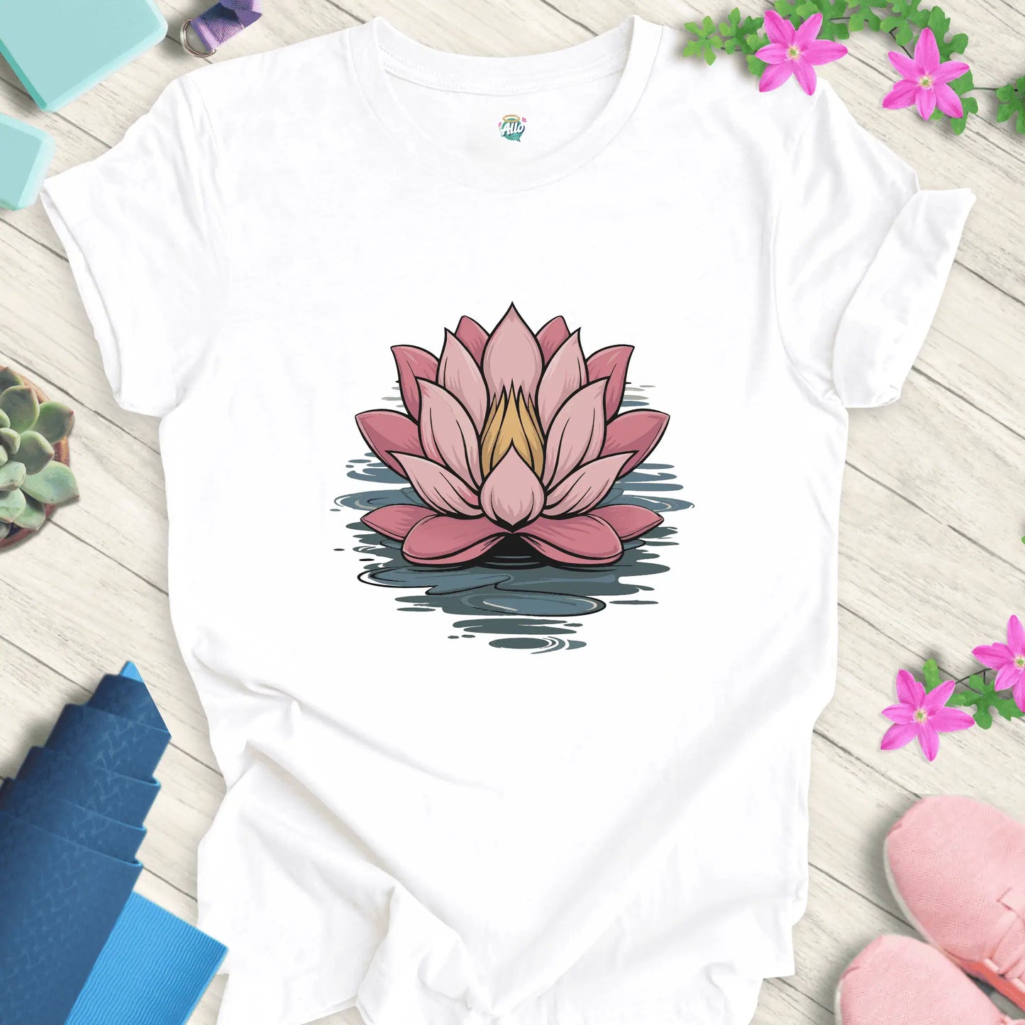 White yoga t-shirt featuring a minimalist lotus flower design, perfect for meditation, by Halo Allo.