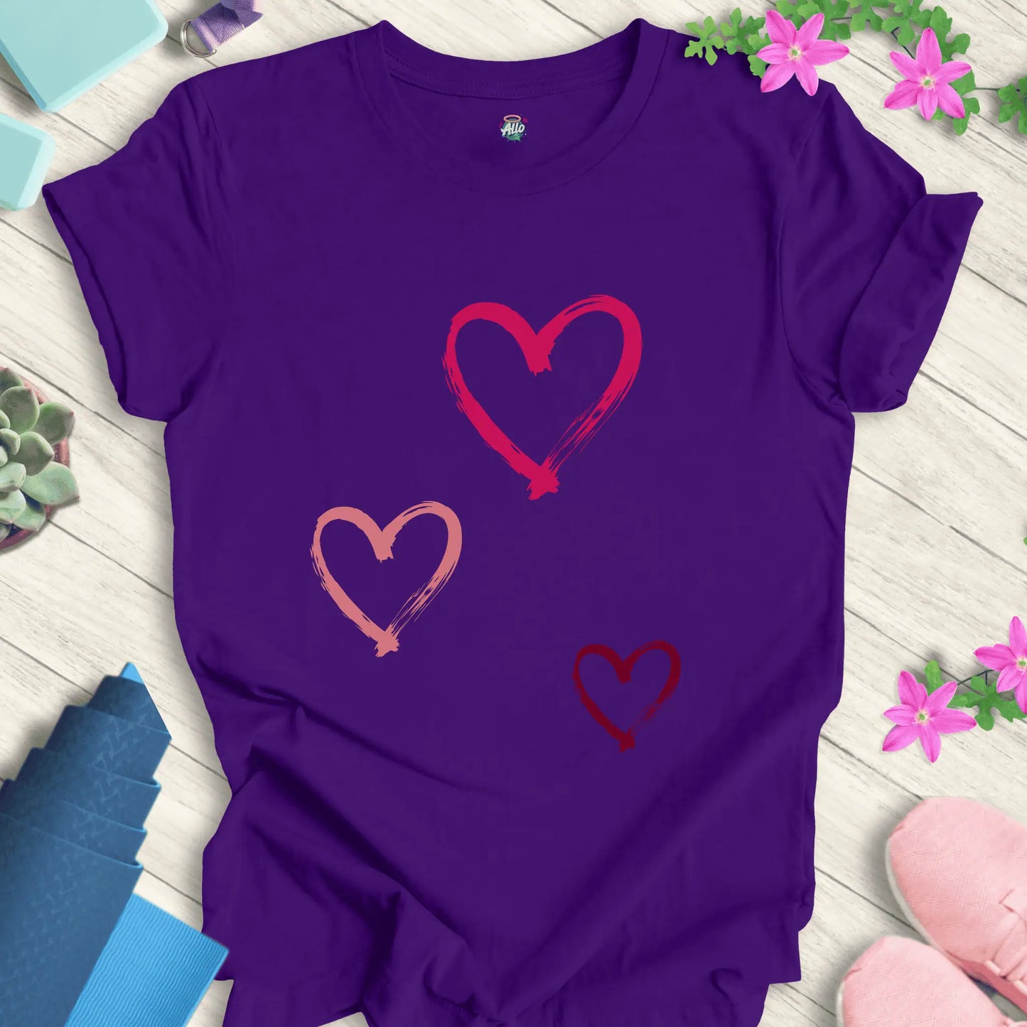Team Purple yoga t-shirt with 'Halo Allo Love All Around' design, featuring three heart motifs, perfect for spiritual wellness.