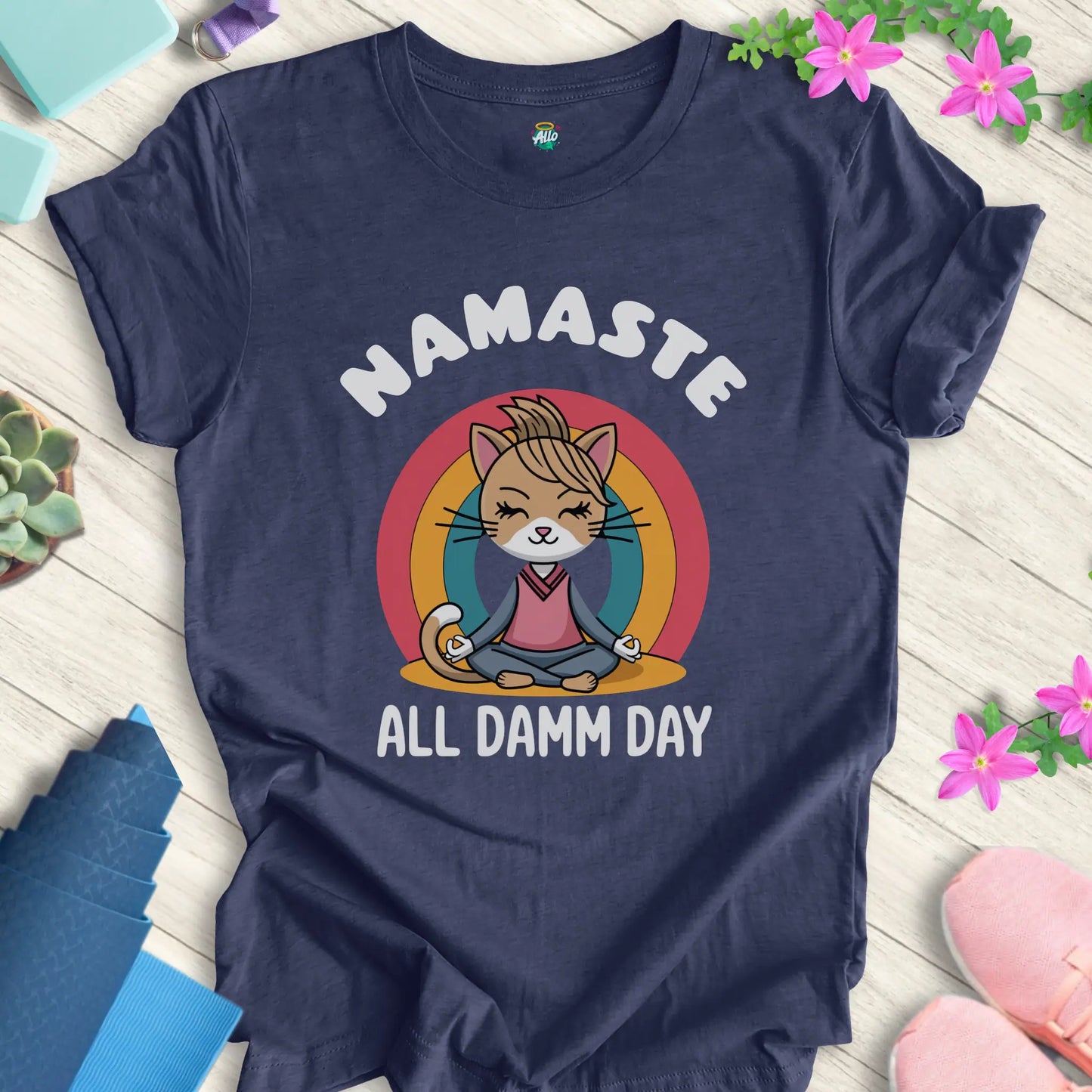 Heather Navy yoga t-shirt with 'Namaste All Damm Day' design featuring a meditative cat by Halo Allo. Perfect for spiritual practice and casual wear.