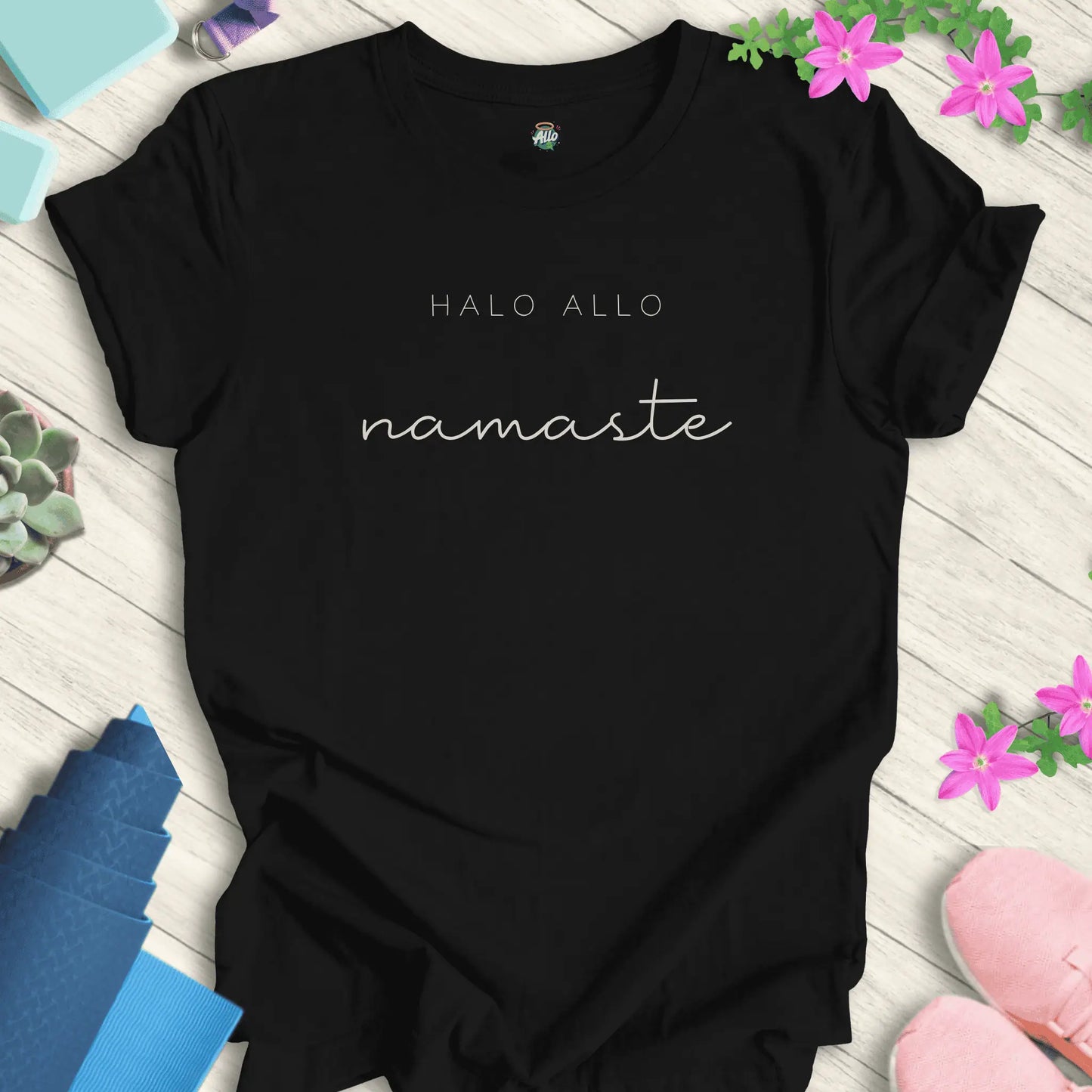 Black Allo Namaste T-Shirt with minimalist 'Halo Allo' and 'namaste' text design, perfect for yoga and meditation enthusiasts.