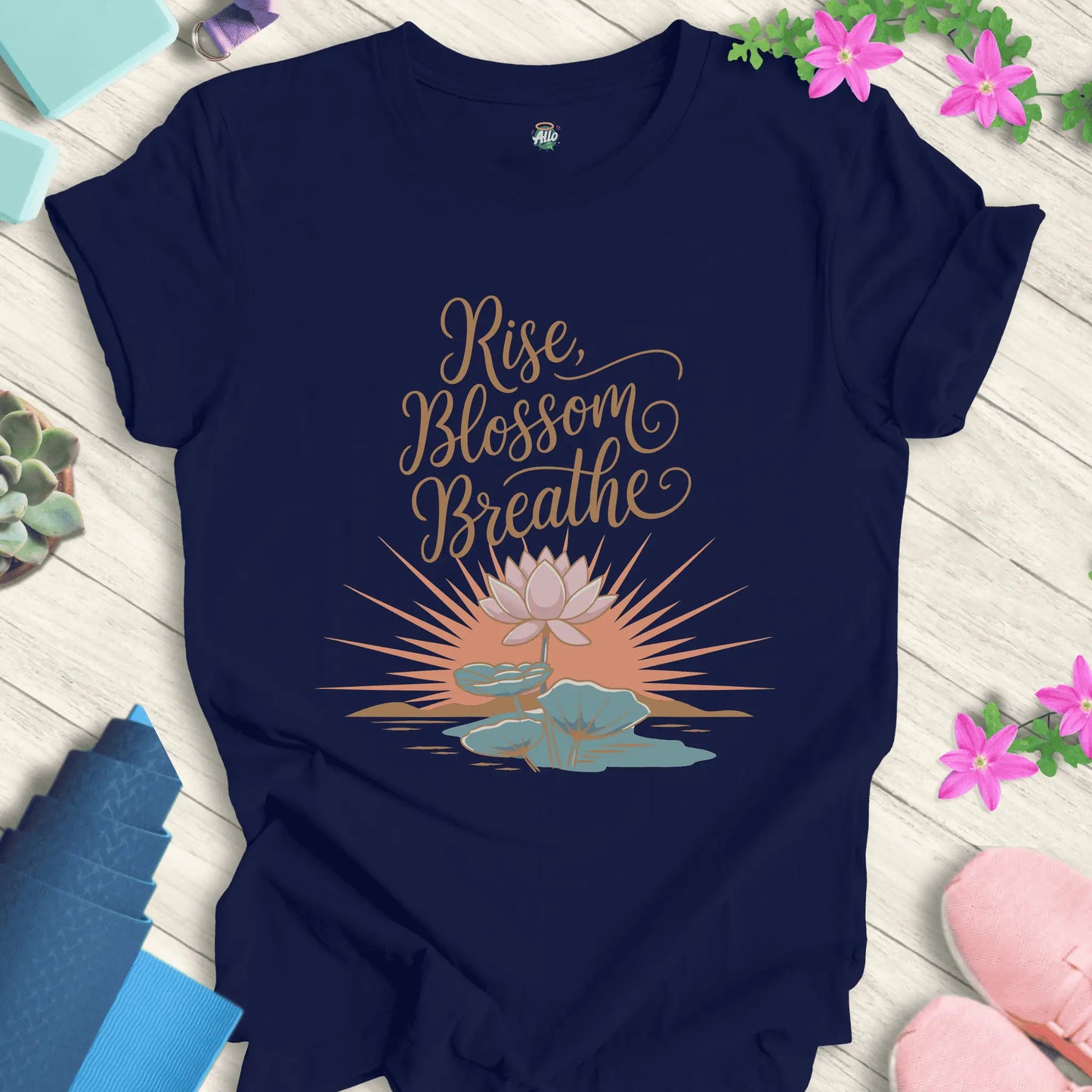 Navy yoga t-shirt with 'Rise Blossom Breathe' lotus design by Halo Allo, perfect for meditation and spirituality enthusiasts.