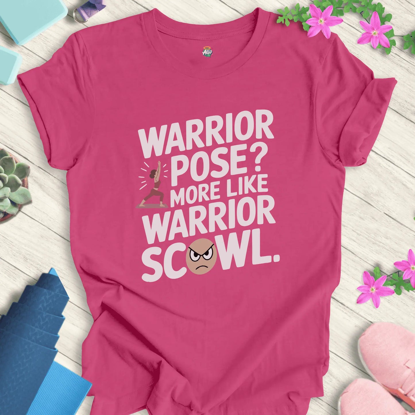 Berry yoga t-shirt with warrior pose and scowl design, featuring 'Warrior Scowl' text by Halo Allo.