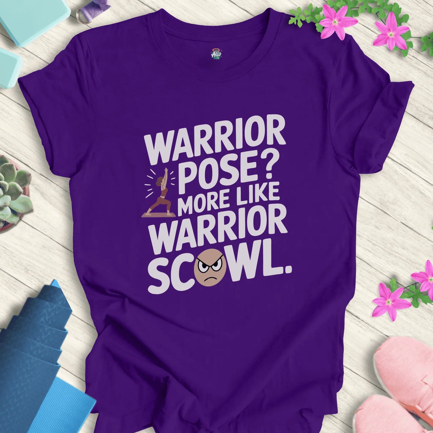 Team Purple yoga t-shirt with warrior pose and scowl design, featuring 'Warrior Scowl' text by Halo Allo.