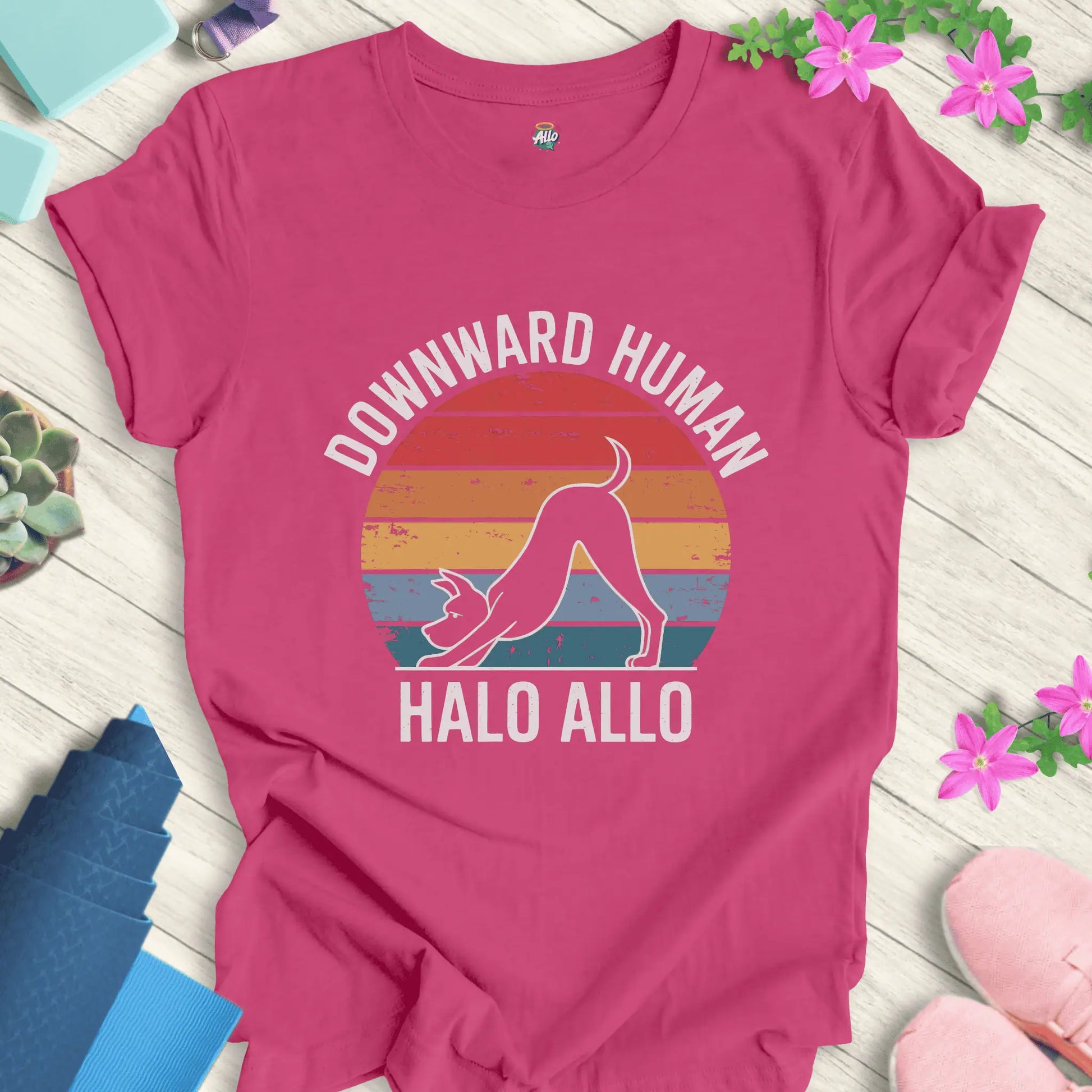 Berry yoga t-shirt featuring 'Downward Human' design by Halo Allo, ideal for meditation and yoga enthusiasts.
