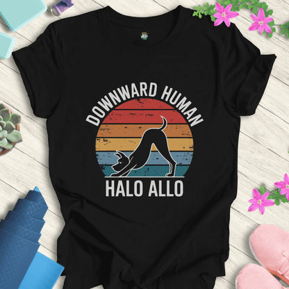 Black yoga t-shirt featuring 'Downward Human' design by Halo Allo, ideal for meditation and yoga enthusiasts.