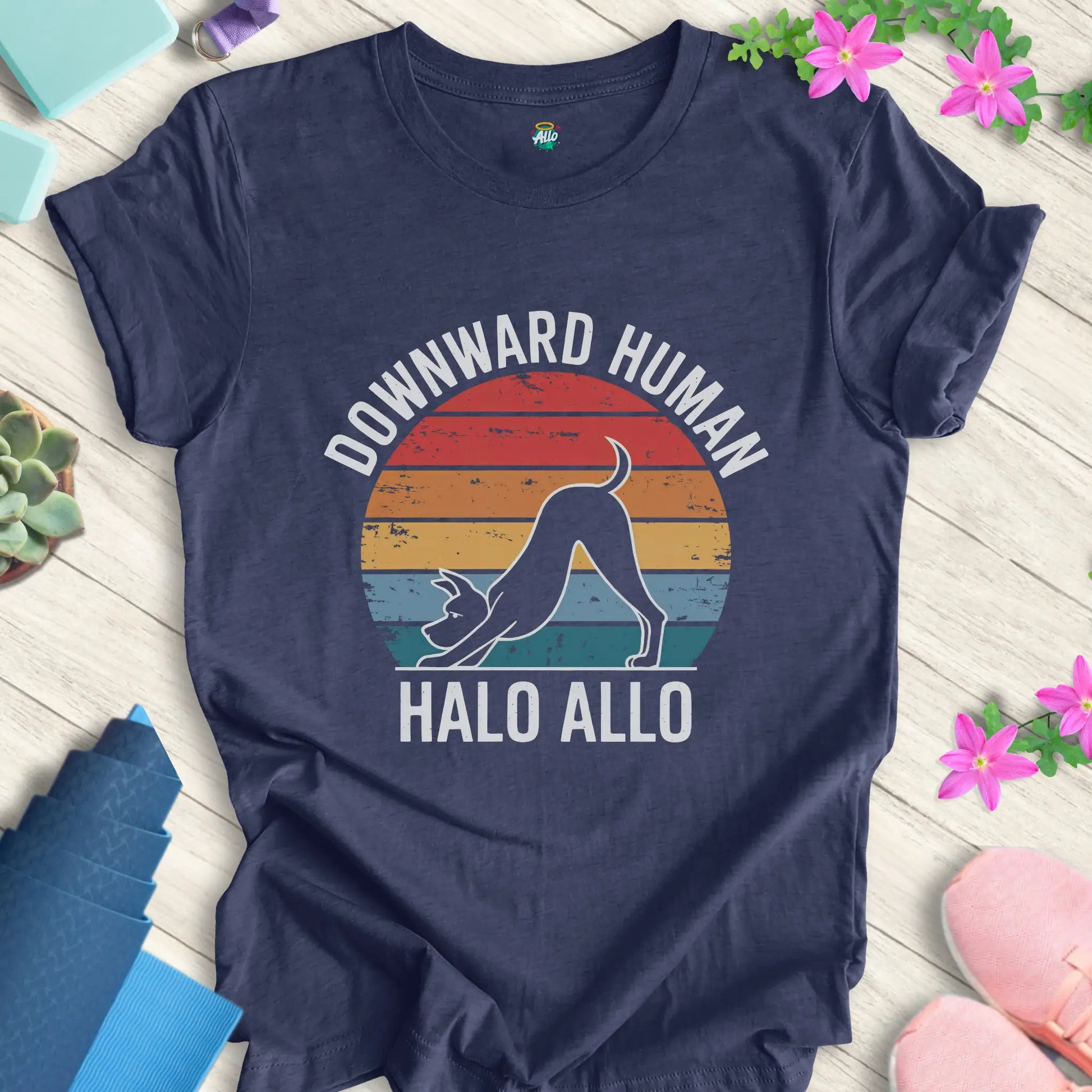 Heather Navy yoga t-shirt featuring 'Downward Human' design by Halo Allo, ideal for meditation and yoga enthusiasts.