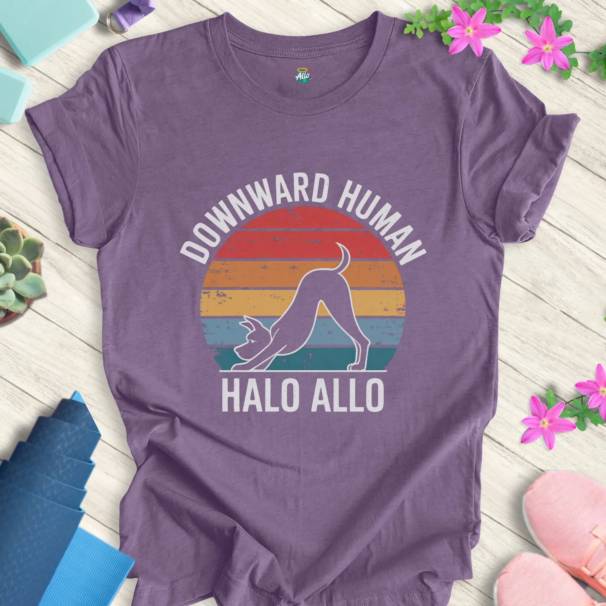 Heather Team Purple yoga t-shirt featuring 'Downward Human' design by Halo Allo, ideal for meditation and yoga enthusiasts.