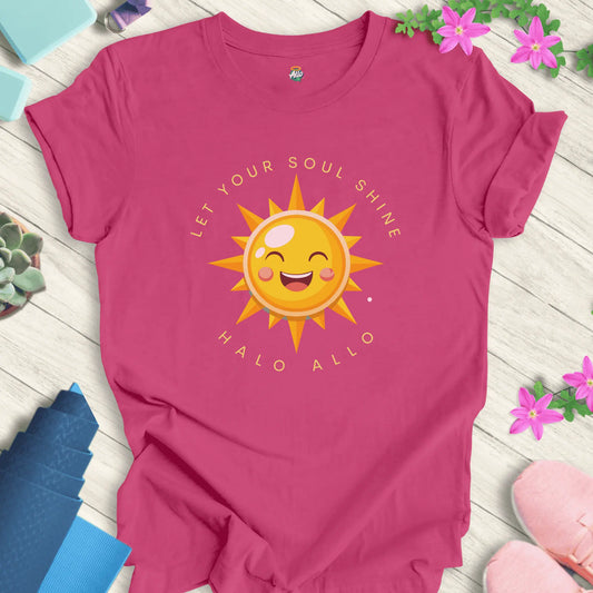 Berry yoga t-shirt with 'Let Your Soul Shine' design, featuring a smiling sun and motivational message by Halo Allo.