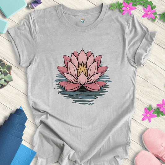 Athletic Heather yoga t-shirt featuring a minimalist lotus flower design, perfect for meditation, by Halo Allo.
