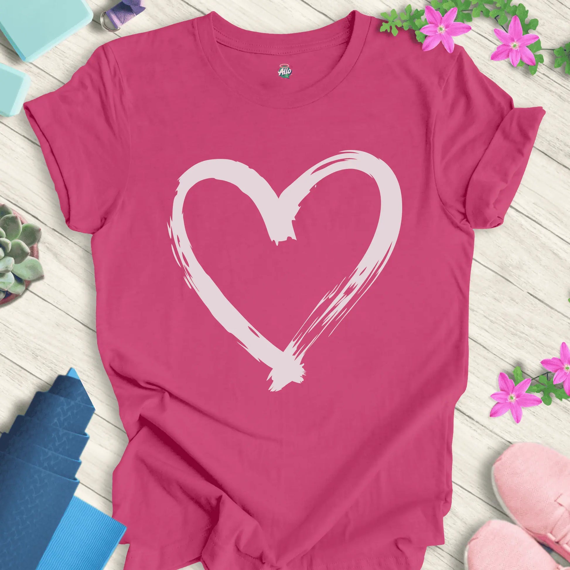 Berry yoga t-shirt with Halo Allo's Love design, featuring a white brushstroke heart on soft cotton.