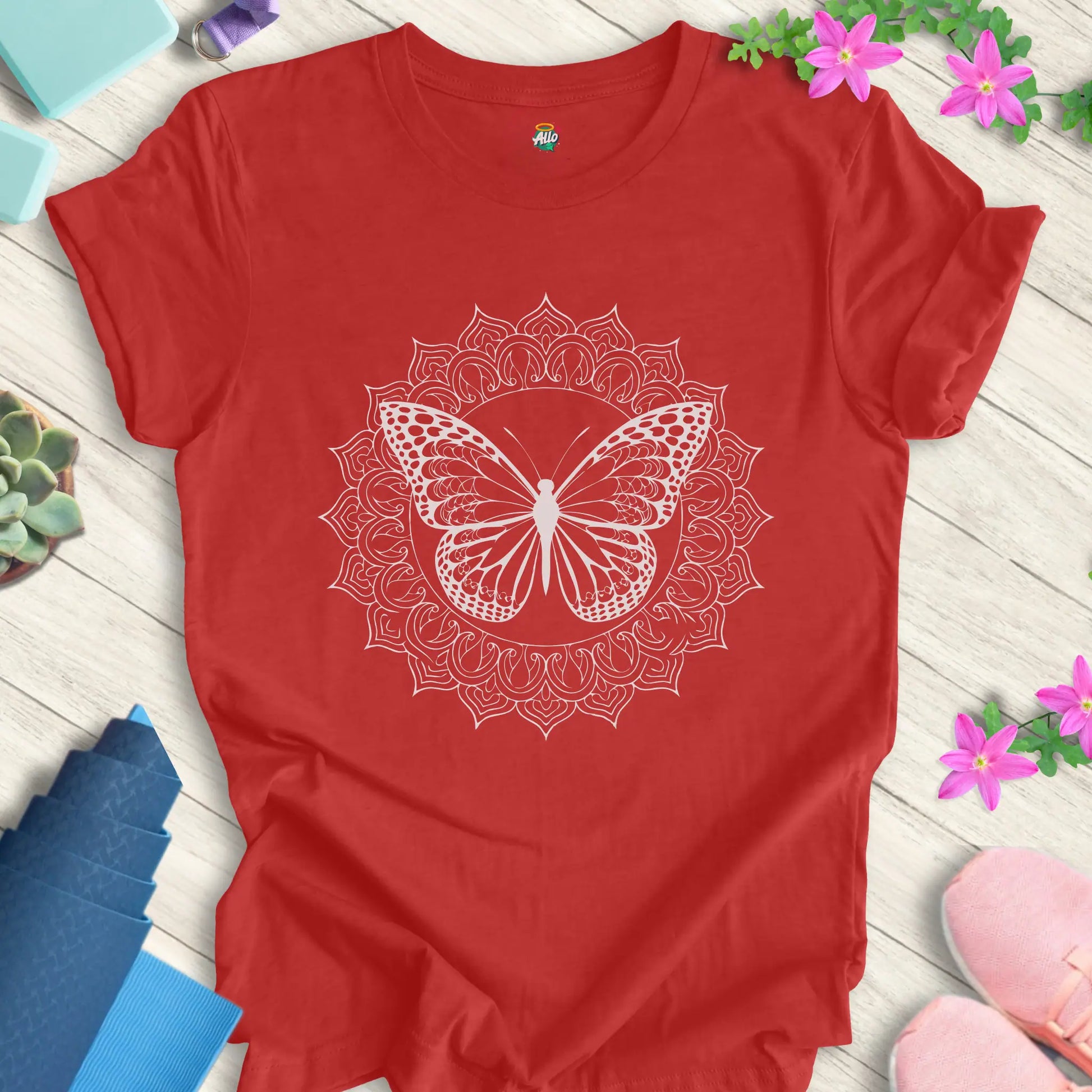 Heather Red yoga t-shirt featuring a mandala butterfly design, perfect for meditation and everyday wear.