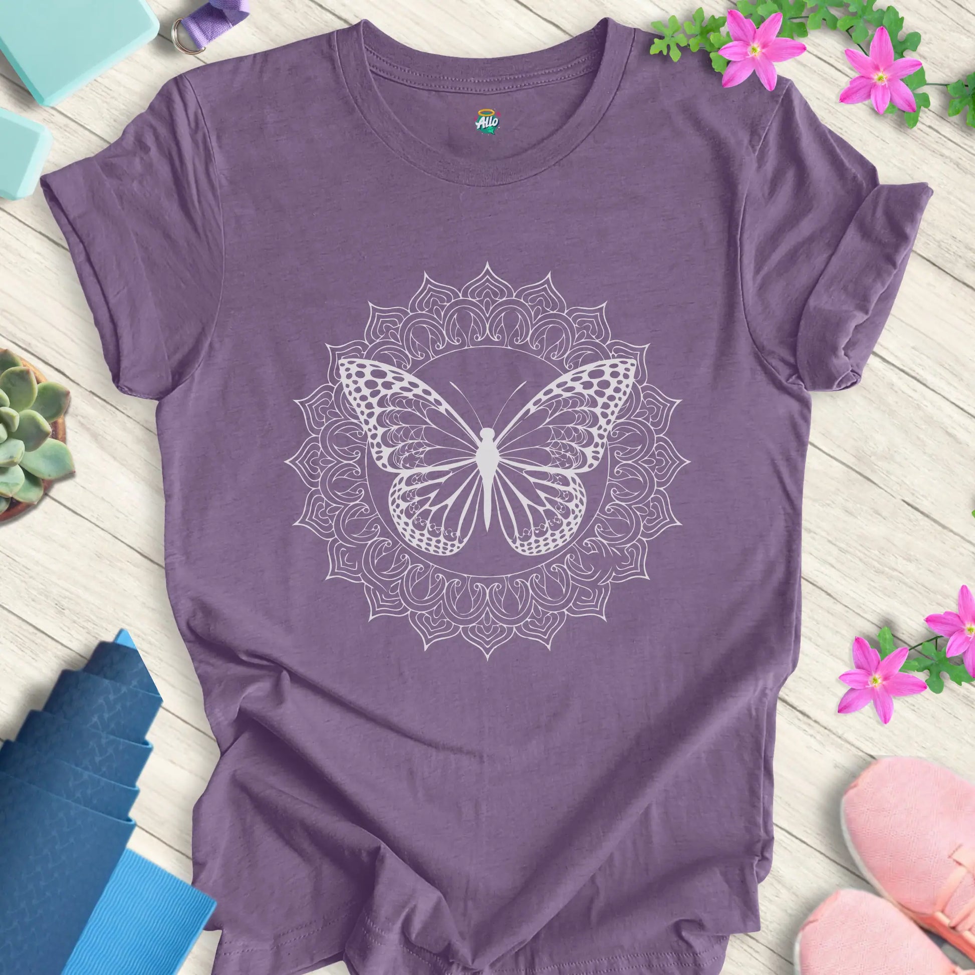 Heather Team Purple yoga t-shirt featuring a mandala butterfly design, perfect for meditation and everyday wear.