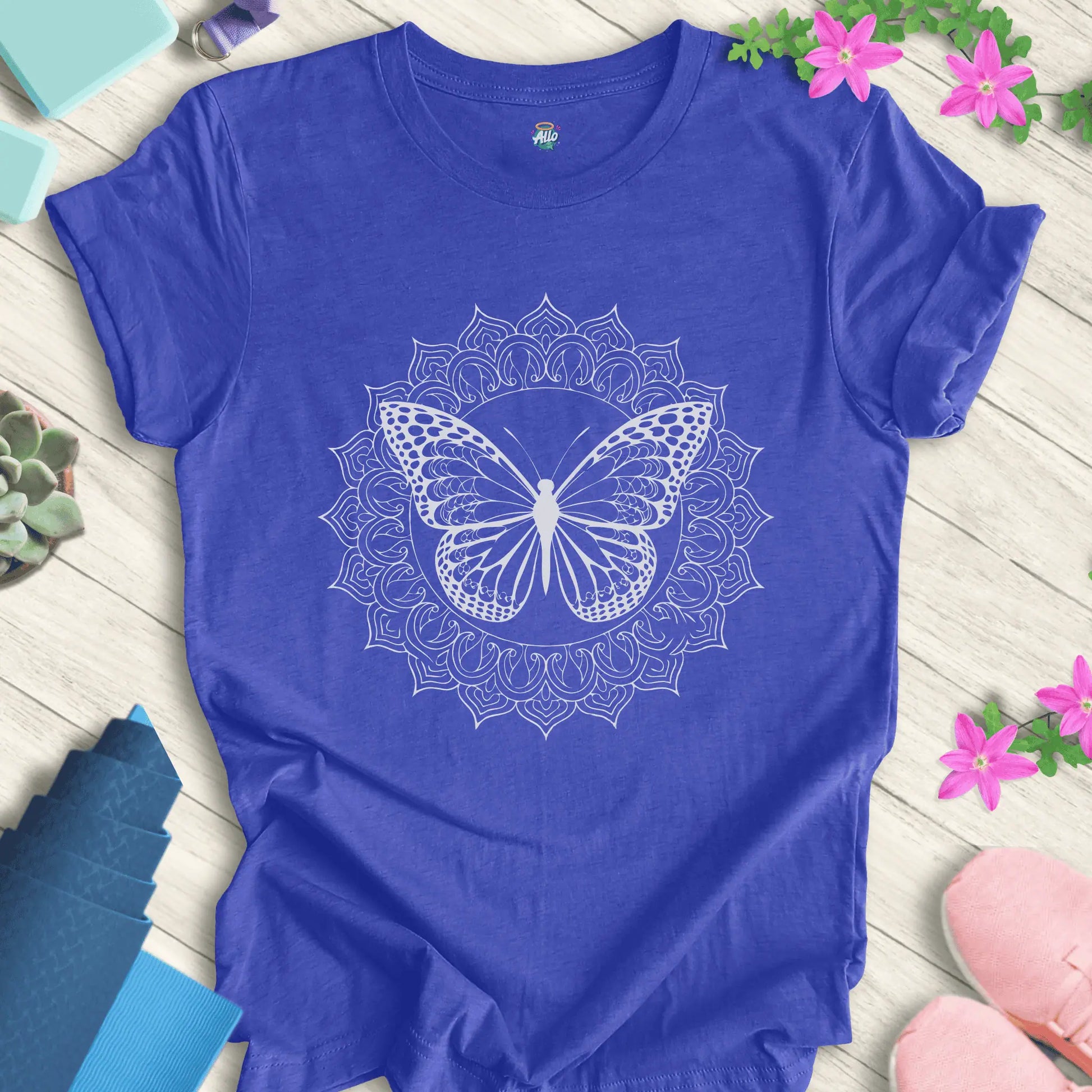 Heather True Royal yoga t-shirt featuring a mandala butterfly design, perfect for meditation and everyday wear.