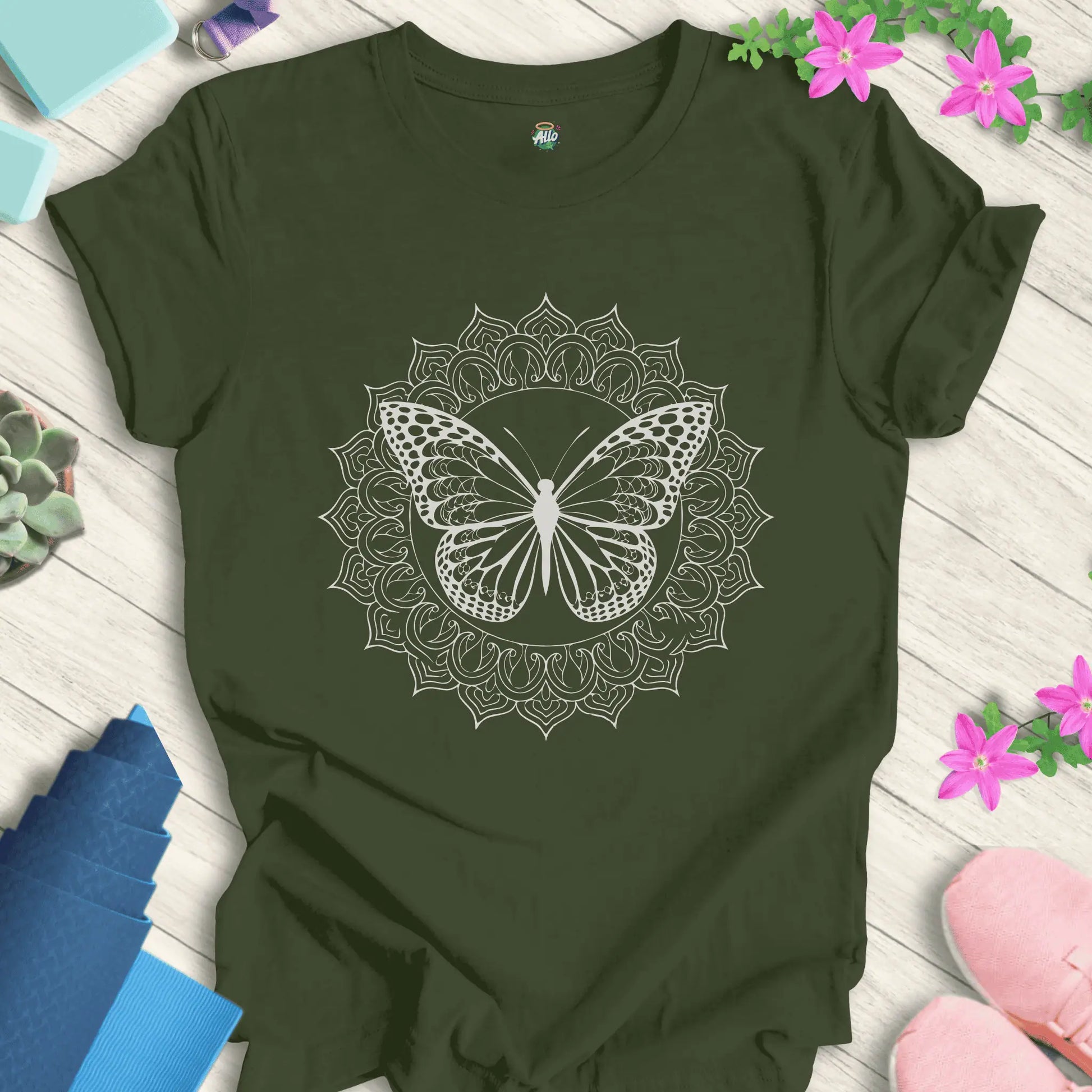 Military Green yoga t-shirt featuring a mandala butterfly design, perfect for meditation and everyday wear.
