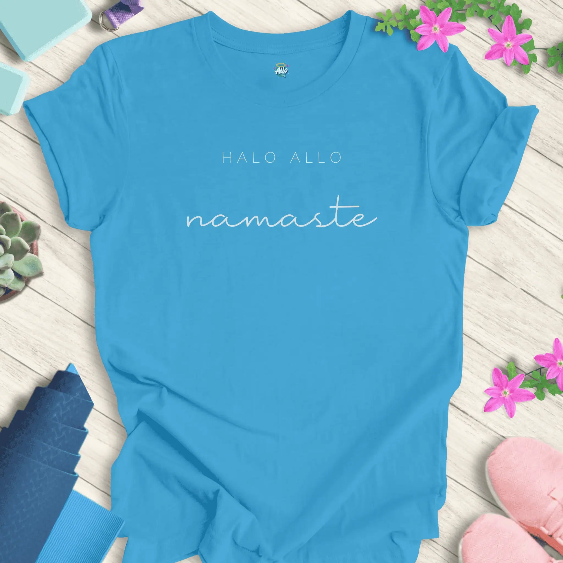 Aqua Allo Namaste T-Shirt with minimalist 'Halo Allo' and 'namaste' text design, perfect for yoga and meditation enthusiasts.