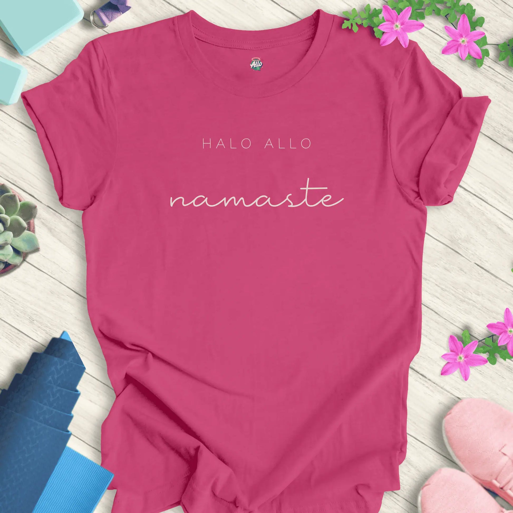 Berry Allo Namaste T-Shirt with minimalist 'Halo Allo' and 'namaste' text design, perfect for yoga and meditation enthusiasts.