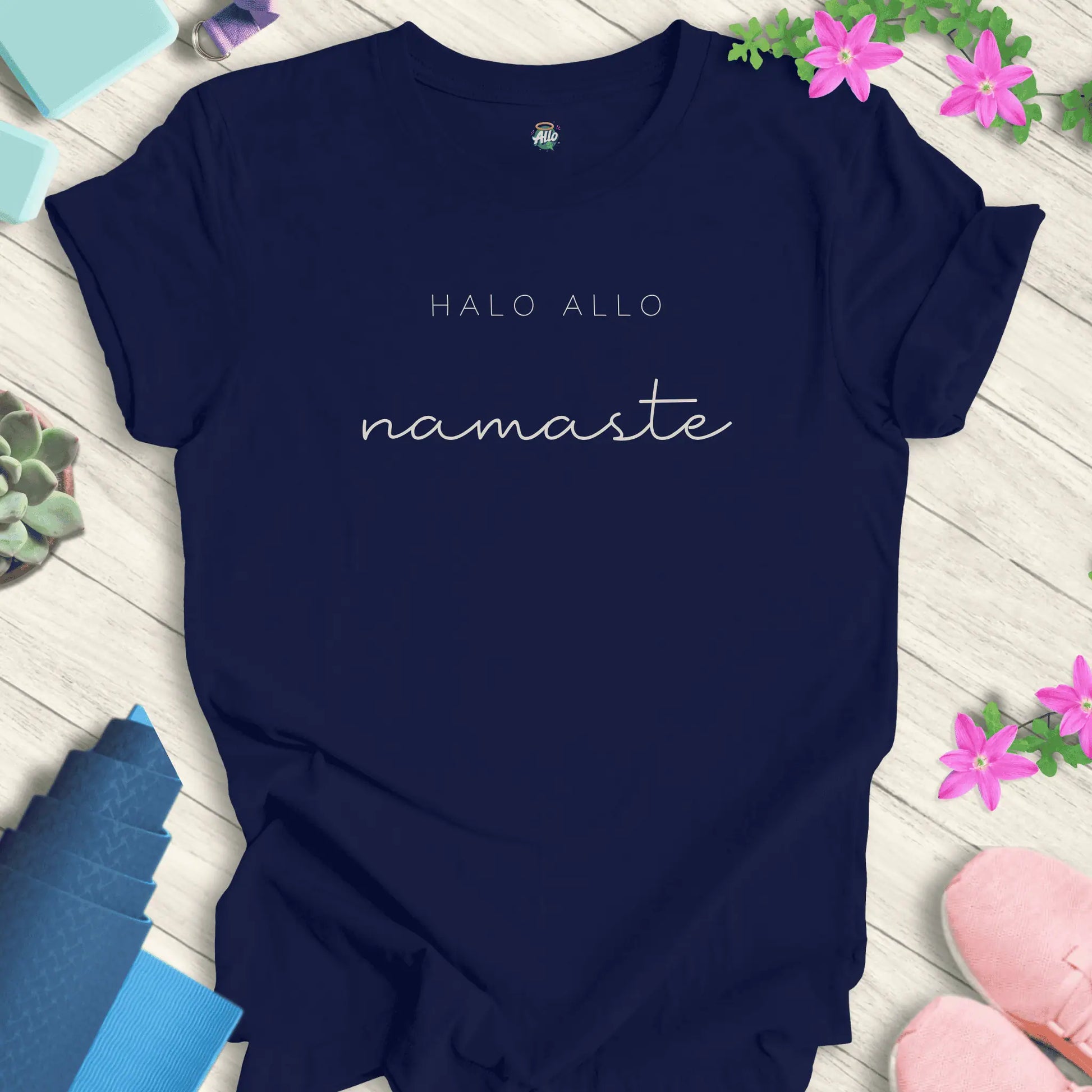 Navy Allo Namaste T-Shirt with minimalist 'Halo Allo' and 'namaste' text design, perfect for yoga and meditation enthusiasts.