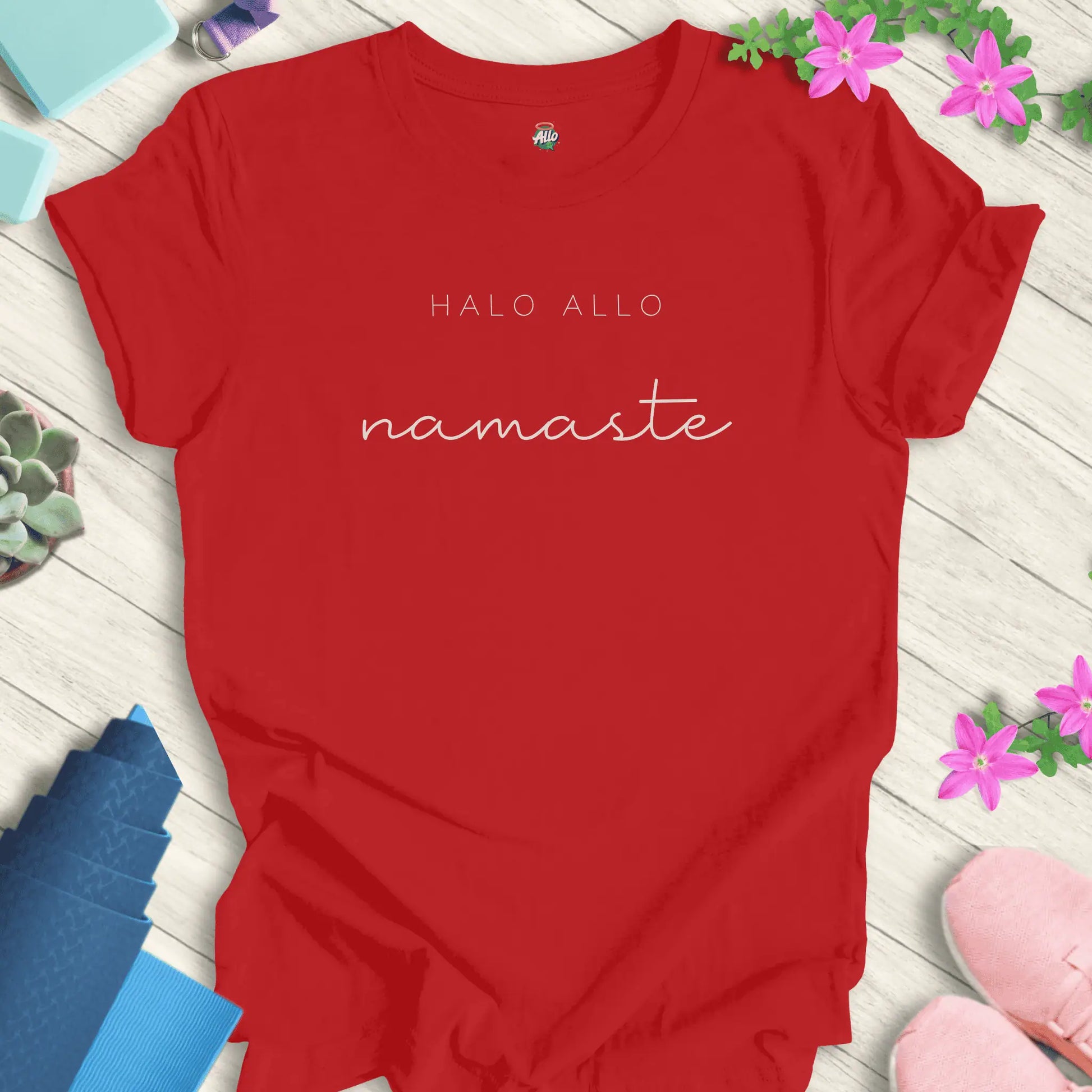 Red Allo Namaste T-Shirt with minimalist 'Halo Allo' and 'namaste' text design, perfect for yoga and meditation enthusiasts.
