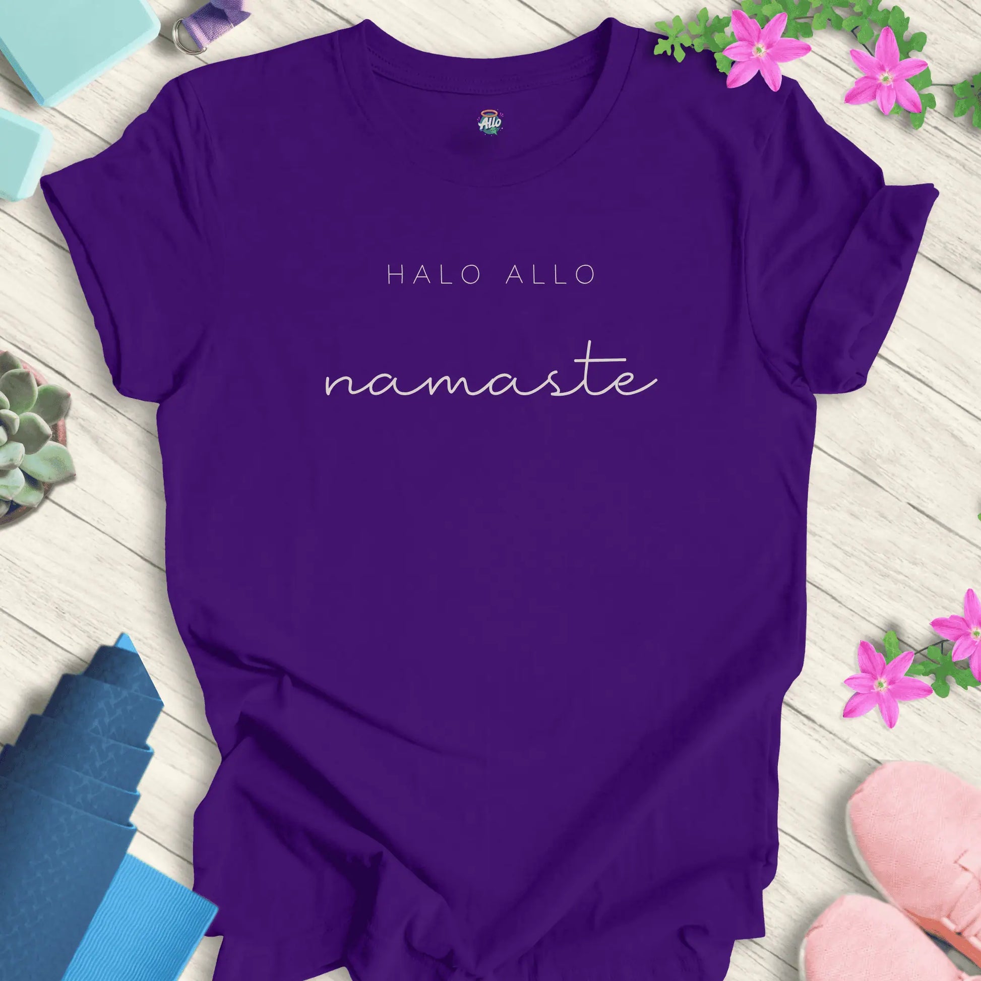 Team Purple Allo Namaste T-Shirt with minimalist 'Halo Allo' and 'namaste' text design, perfect for yoga and meditation enthusiasts.