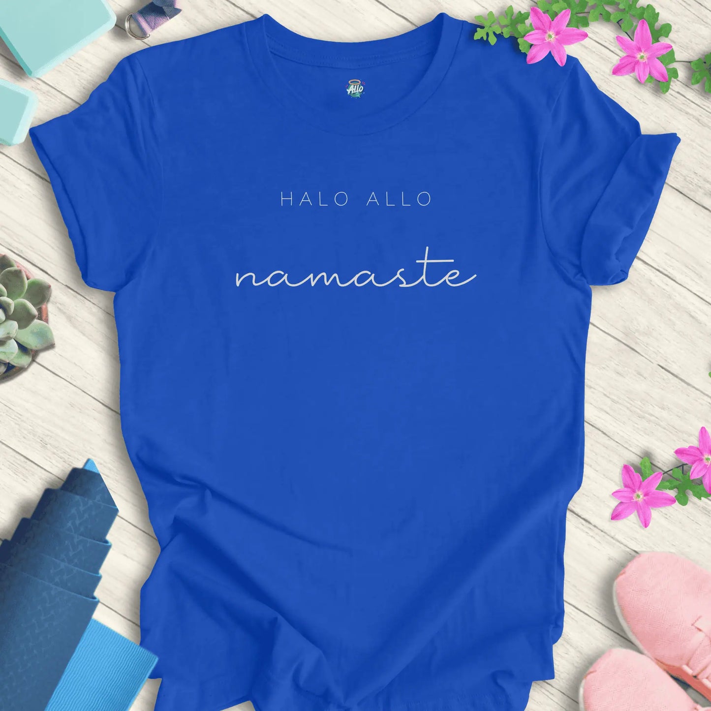 True Royal Allo Namaste T-Shirt with minimalist 'Halo Allo' and 'namaste' text design, perfect for yoga and meditation enthusiasts.