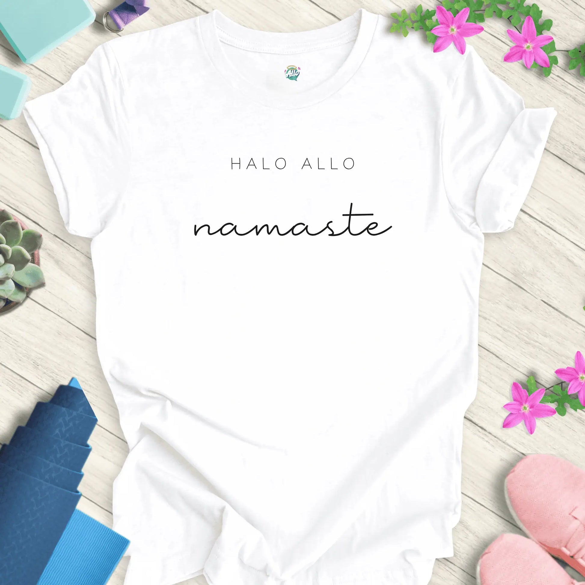 White Allo Namaste T-Shirt with minimalist 'Halo Allo' and 'namaste' text design, perfect for yoga and meditation enthusiasts.