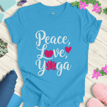 Aqua yoga t-shirt with 'Peace, Love, Yoga' design featuring a lotus flower and heart symbols, perfect for meditation and mindfulness.