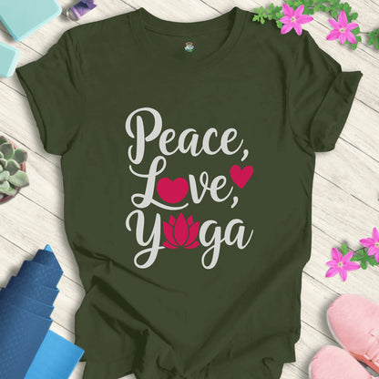 Military Green yoga t-shirt with 'Peace, Love, Yoga' design featuring a lotus flower and heart symbols, perfect for meditation and mindfulness.