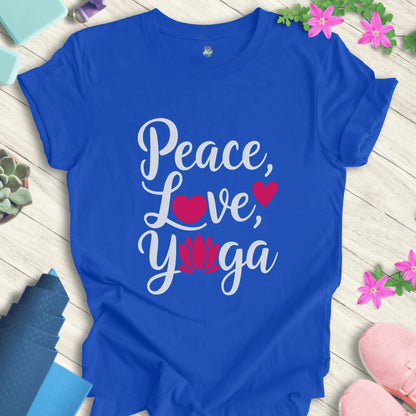 True Royal yoga t-shirt with 'Peace, Love, Yoga' design featuring a lotus flower and heart symbols, perfect for meditation and mindfulness.