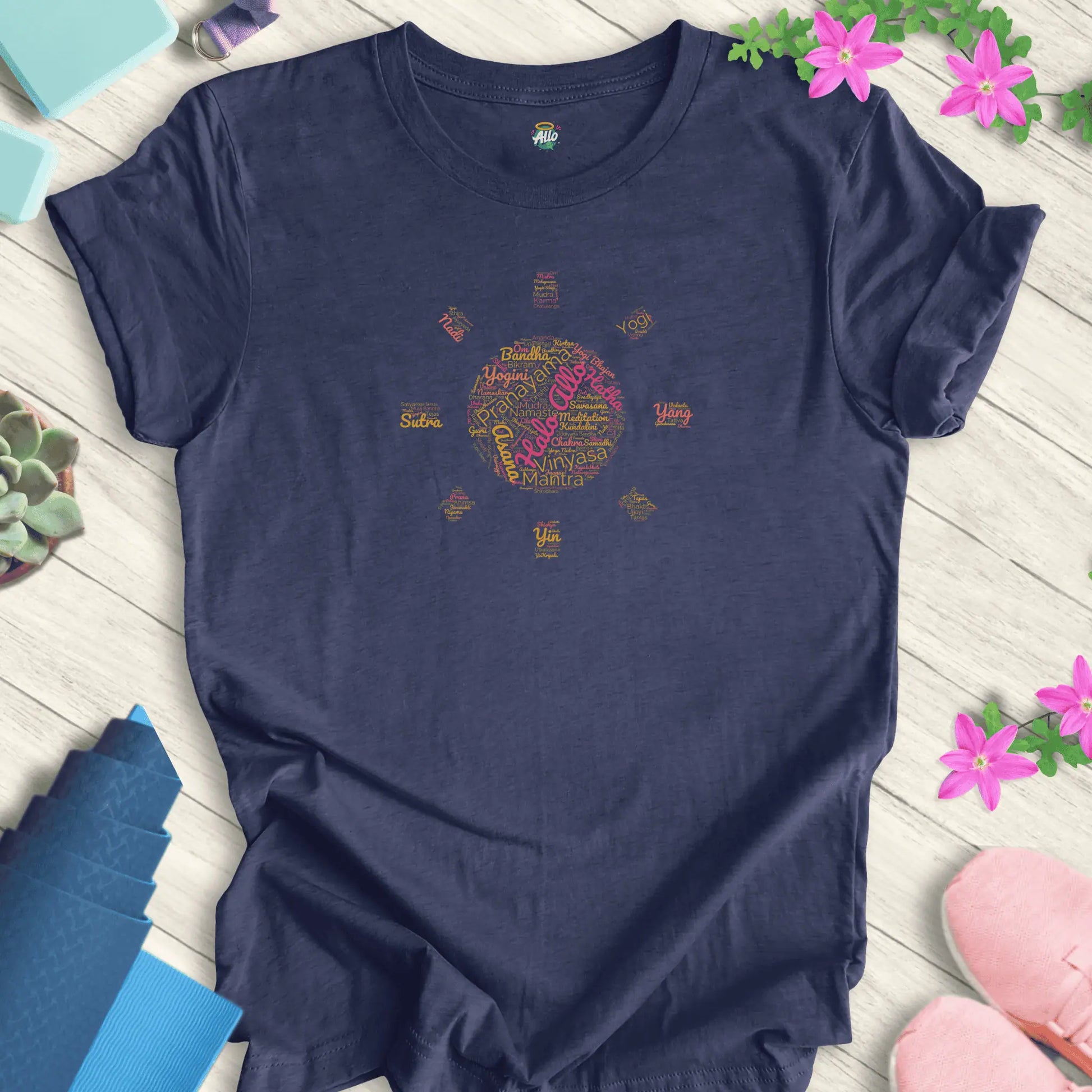 Heather Navy yoga t-shirt featuring Halo Allo's 'Radiant Peace' design with a word sunburst pattern, ideal for meditation and spiritual wear.