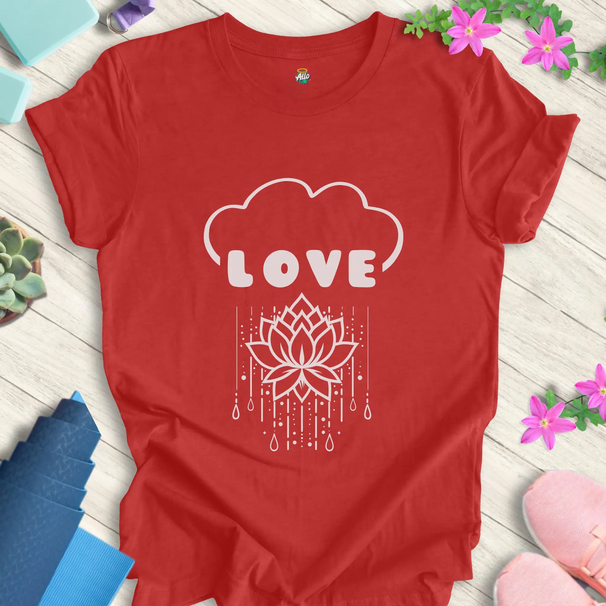 Heather Red yoga t-shirt with 'Rain Down Love' design featuring a lotus flower and cloud motif by Halo Allo.