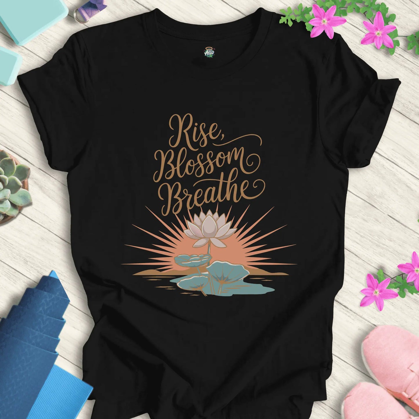 Black yoga t-shirt with 'Rise Blossom Breathe' lotus design by Halo Allo, perfect for meditation and spirituality enthusiasts.
