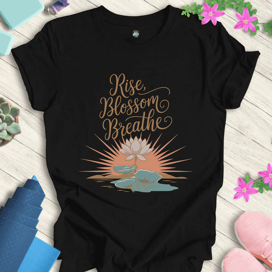 Black yoga t-shirt with 'Rise Blossom Breathe' lotus design by Halo Allo, perfect for meditation and spirituality enthusiasts.
