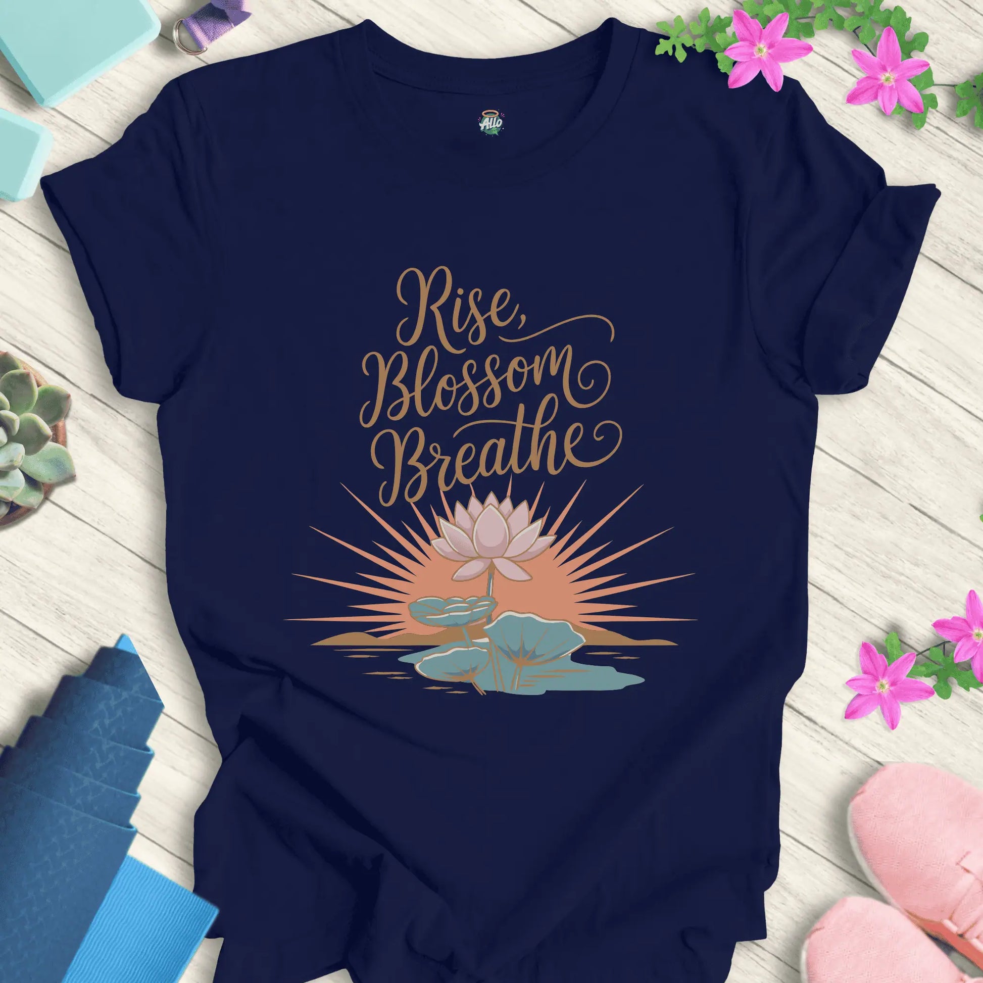 Navy yoga t-shirt with 'Rise Blossom Breathe' lotus design by Halo Allo, perfect for meditation and spirituality enthusiasts.
