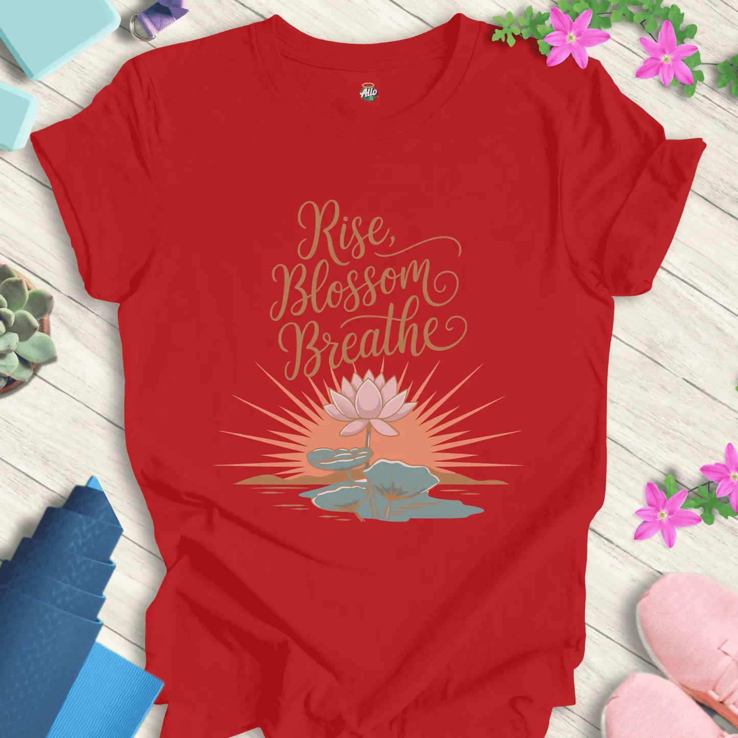Red yoga t-shirt with 'Rise Blossom Breathe' lotus design by Halo Allo, perfect for meditation and spirituality enthusiasts.