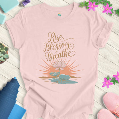 Soft Pink yoga t-shirt with 'Rise Blossom Breathe' lotus design by Halo Allo, perfect for meditation and spirituality enthusiasts.