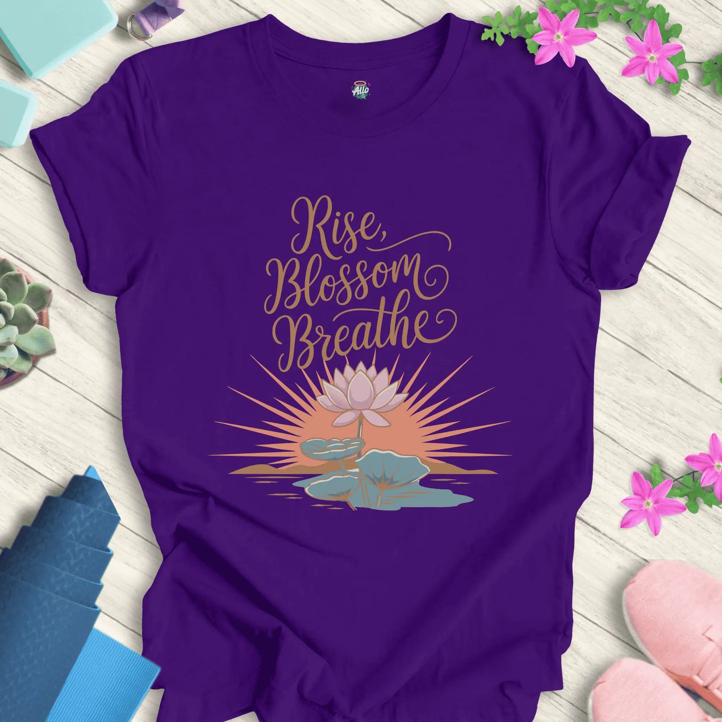 Team Purple yoga t-shirt with 'Rise Blossom Breathe' lotus design by Halo Allo, perfect for meditation and spirituality enthusiasts.