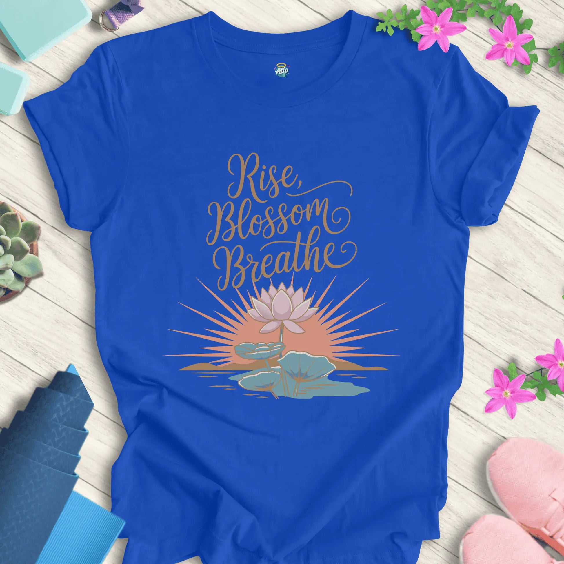 True Royal yoga t-shirt with 'Rise Blossom Breathe' lotus design by Halo Allo, perfect for meditation and spirituality enthusiasts.