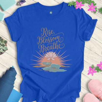 True Royal yoga t-shirt with 'Rise Blossom Breathe' lotus design by Halo Allo, perfect for meditation and spirituality enthusiasts.